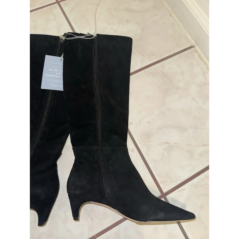 NWOB Antonio Melani knee high boots black suede‎ kitten heels pointed toe Size 6